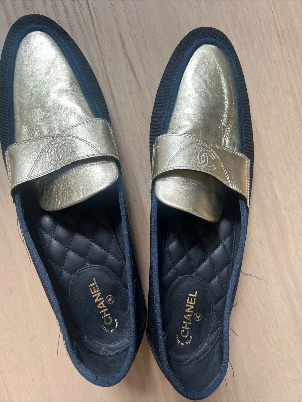 CHANEL Quilted-Trim Leather Penny Loafers